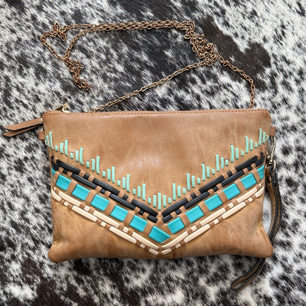 Brown and Turquoise Women's Clutch Bag